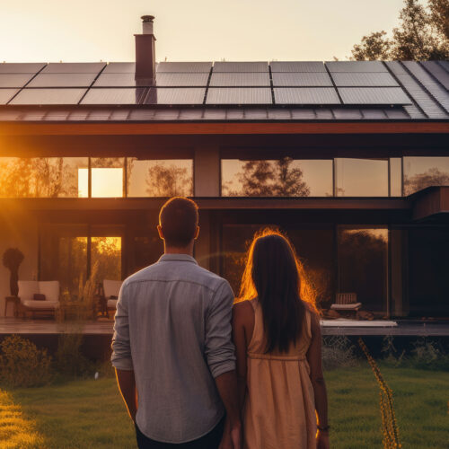 Paar schaut auf Haus mit Photovoltaikanlage