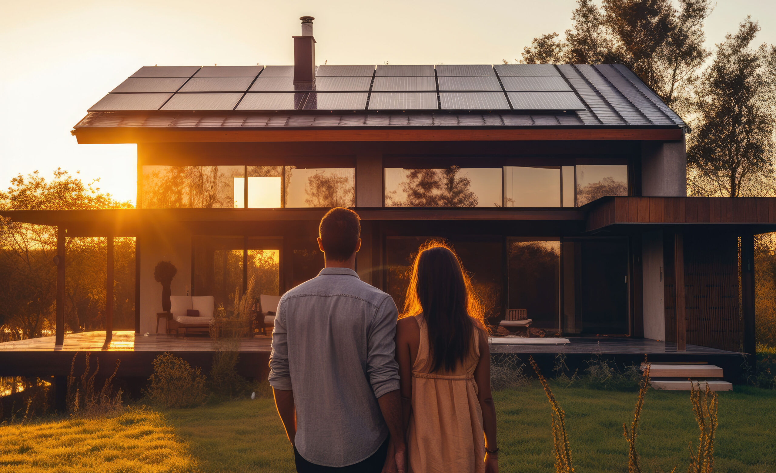 Paar schaut auf Haus mit Photovoltaikanlage