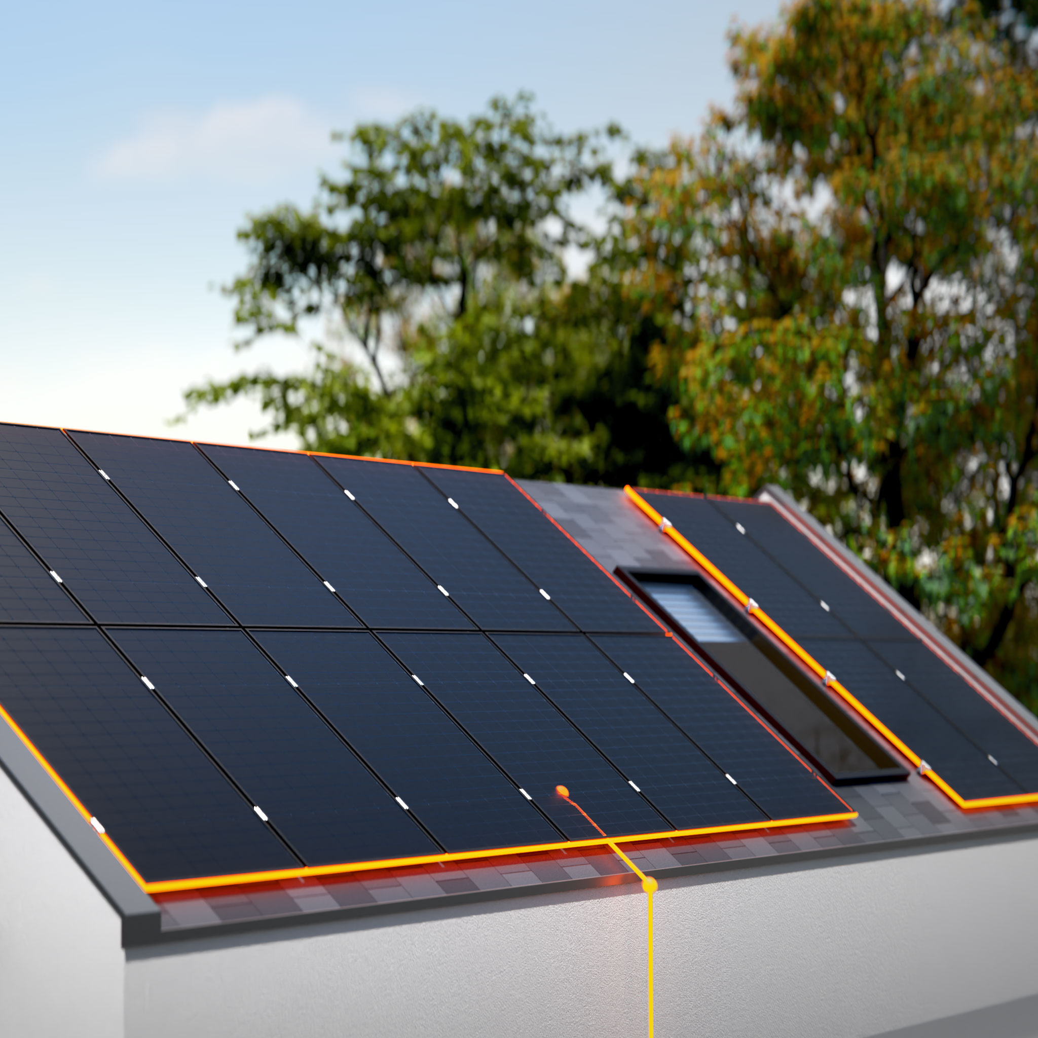 AMPERE.SolarPro PV-Module auf dem Dach als Teil des EKD Energiesystems, Sommermotiv mit grünen Bäumen im Hintergrund