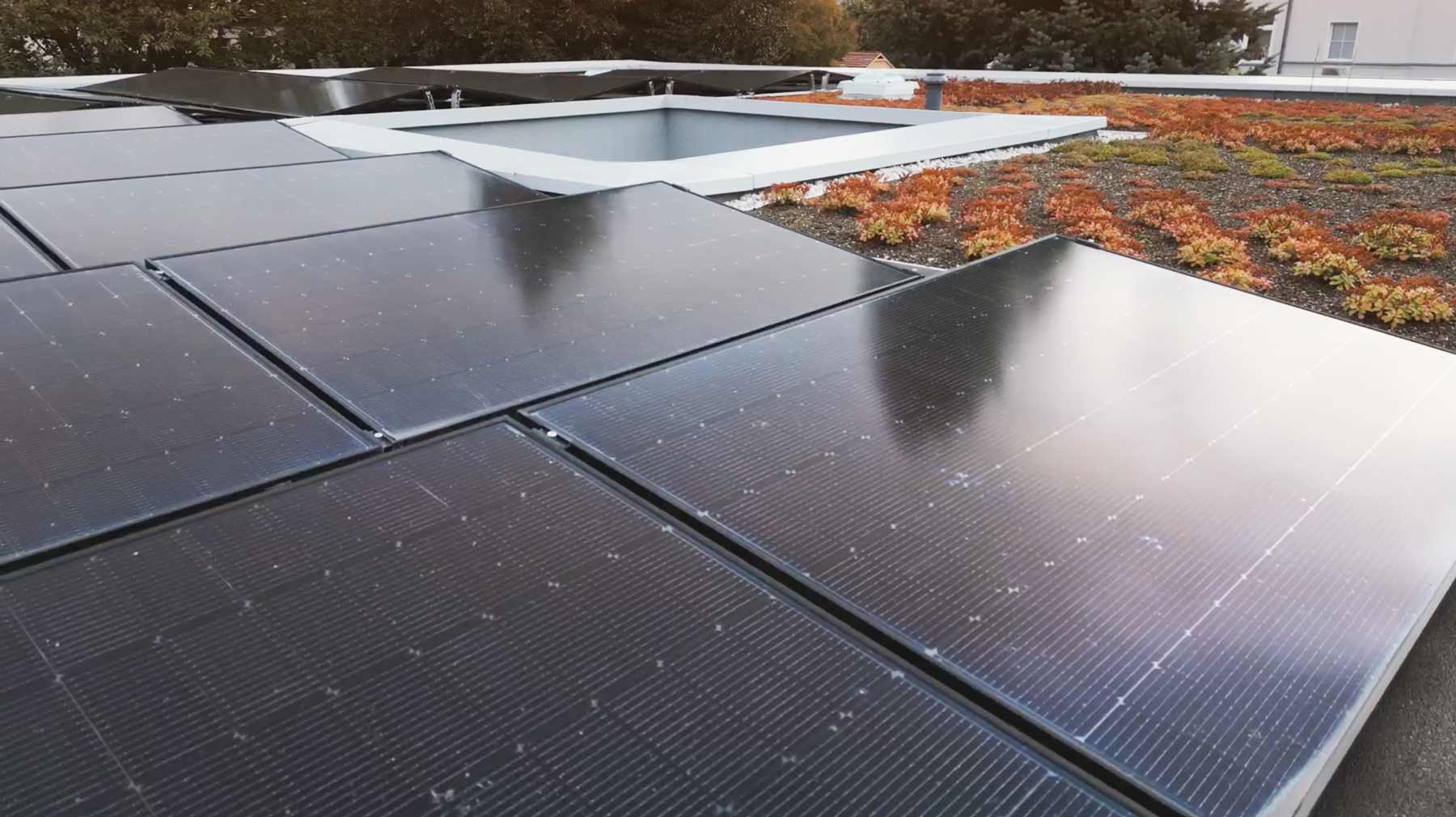 PV-Module auf einem Flachdach im Herbst